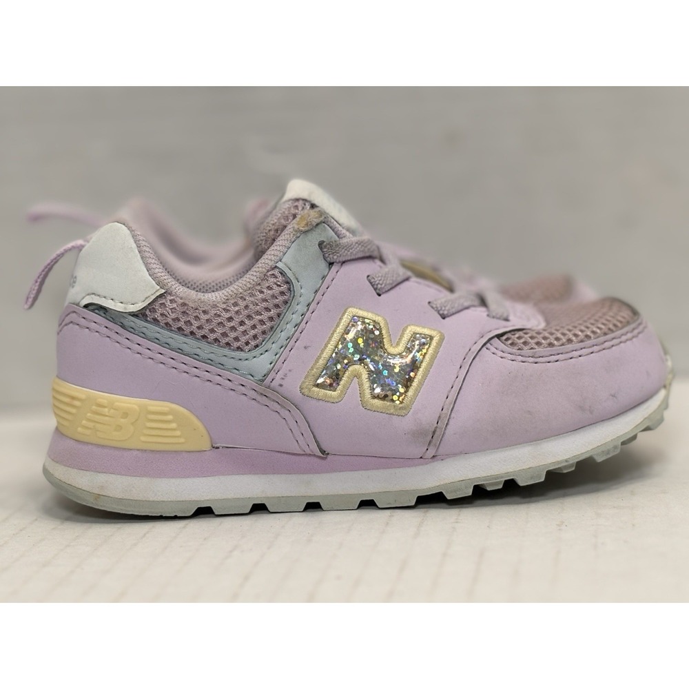 New Balance 574 Kids Pink Glitter Logo Sneakers ID574NTG Youth Size 8